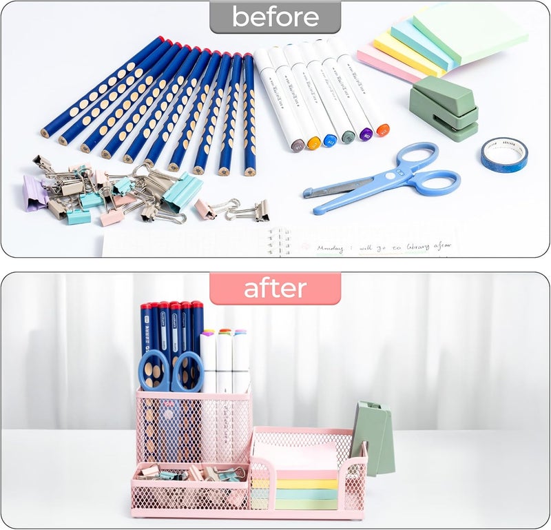 MG Mesh Pen Holder Desk Organizers Pencil Holder for Desk Pink, 3 Compartments Metal Office Supply Organizer with Sticky Notes Holder for Home Office - Image 5